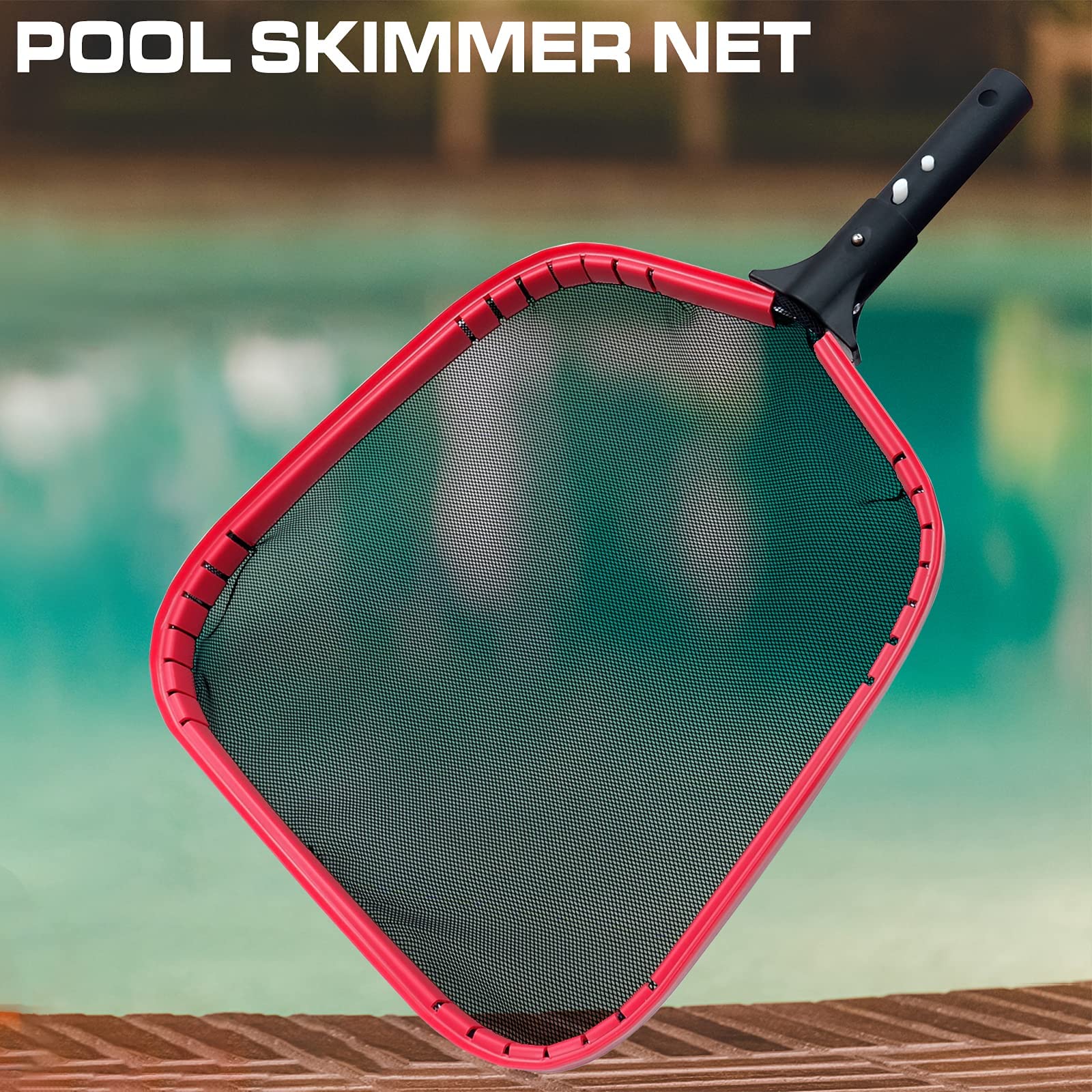 Bonny pool leaf net removing surface leaves from clear blue swimming pool
