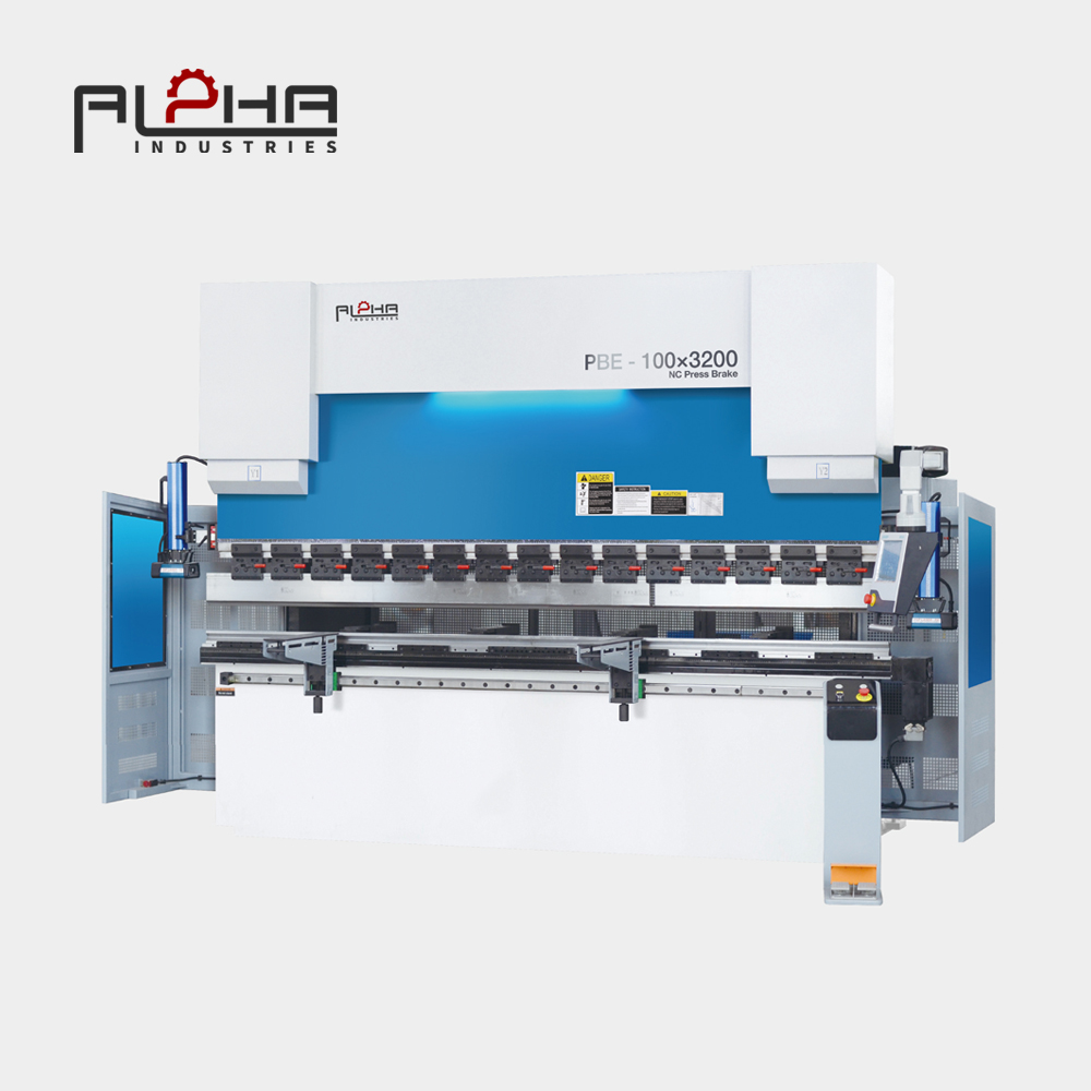 High-precision hydraulic press brake bending steel sheet in an industrial metal fabrication workshop