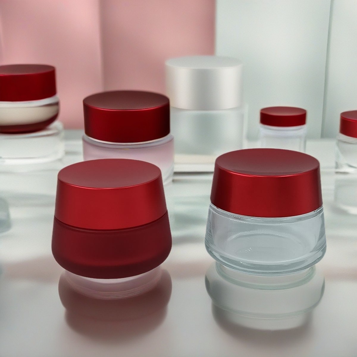 red glass cosmetic jars