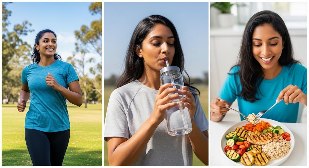 drinking water, and eating a healthy meal,