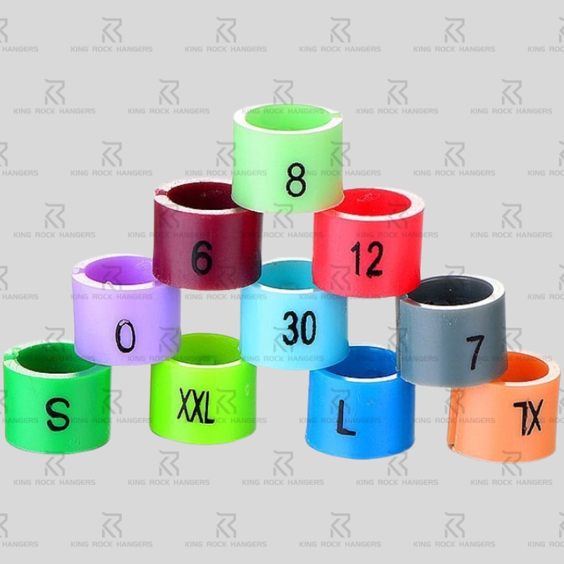 Plastic size tag rings attached to wire hangers, used for clothing organization in retail stores, clothing manufacturers, and dry cleaning services