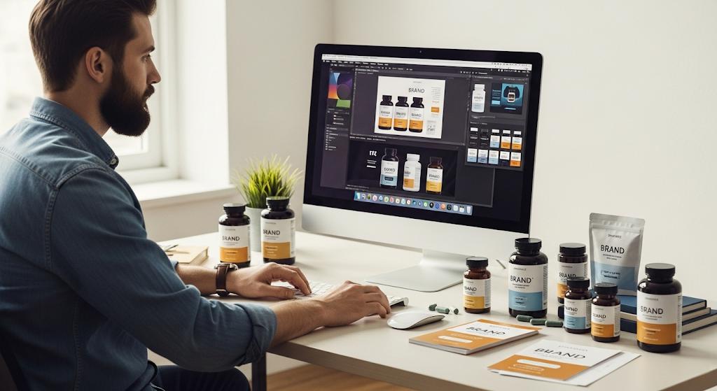 Designer working on supplement packaging