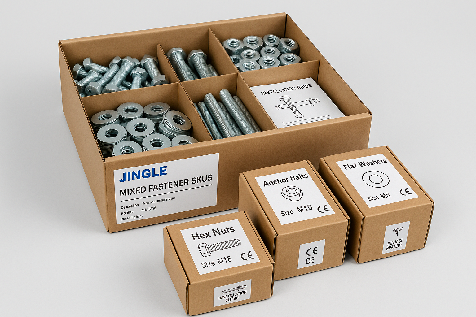 Mixed fastener SKU kits organized in custom packaging from JINGLE