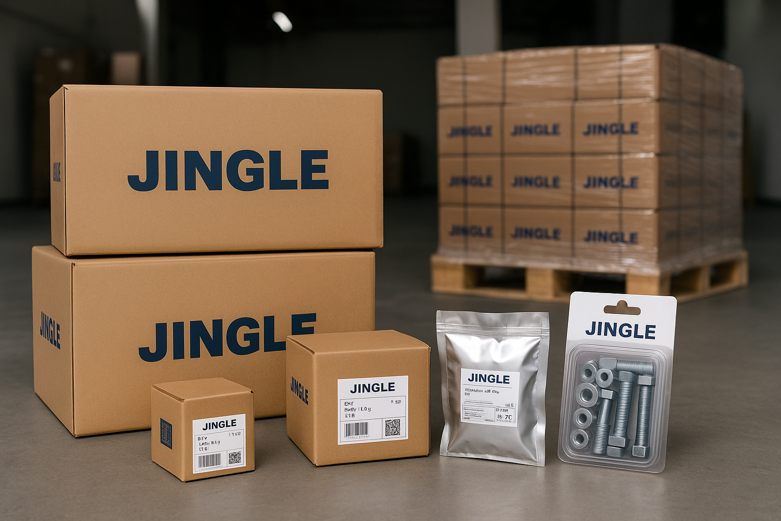 Fastener packaging for OEM export with JINGLE logo on boxes