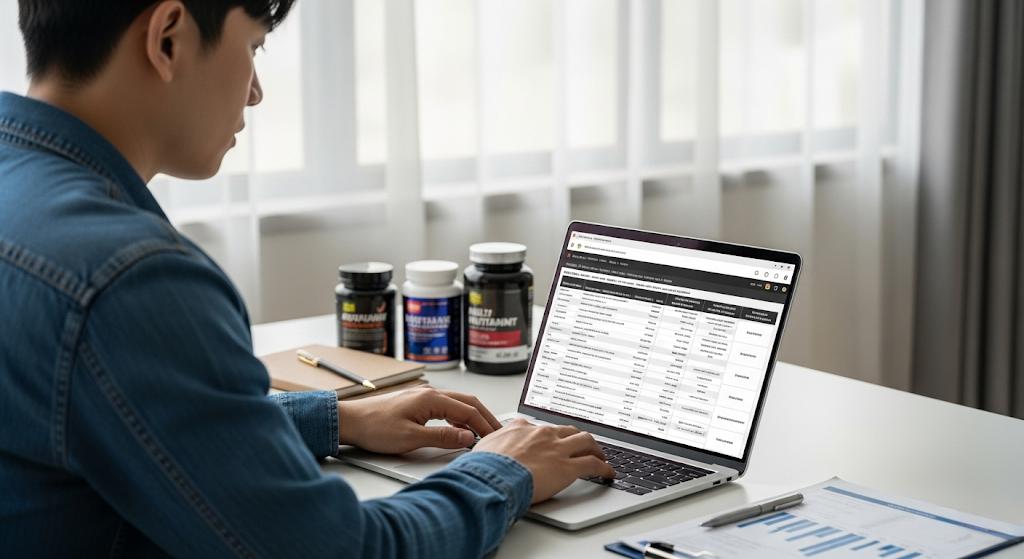 Man researching supplement manufacturers on laptop