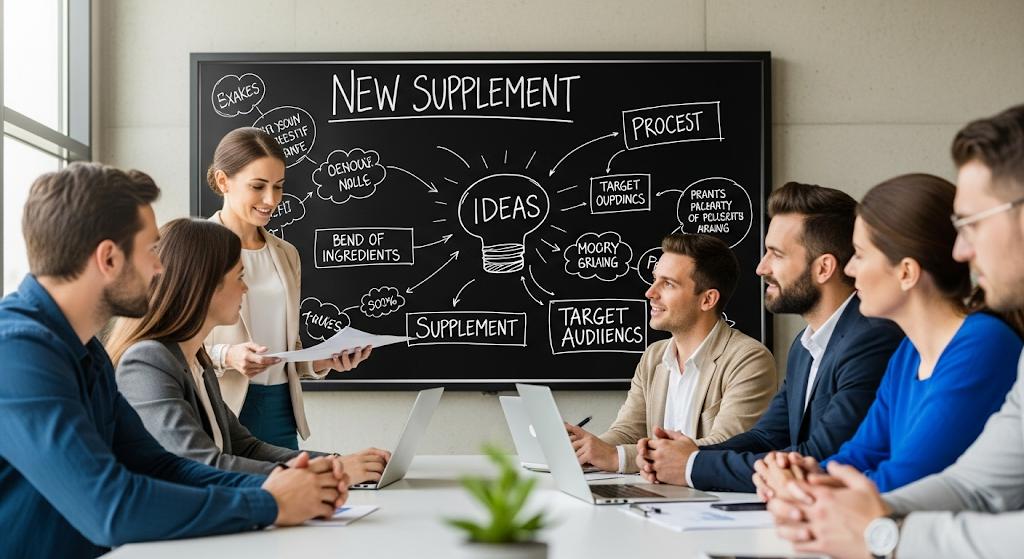 Team brainstorming new supplement ideas on board
