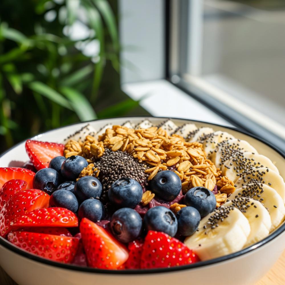 Healthy acai bowl with berries, banana.