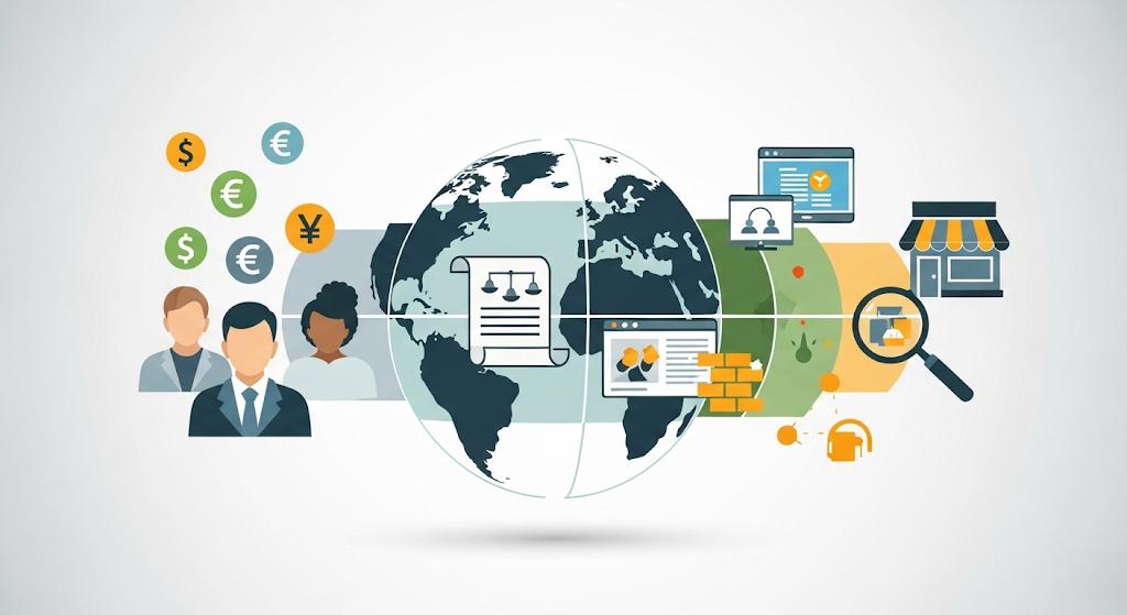 Globe with market elements: currencies, legal.
