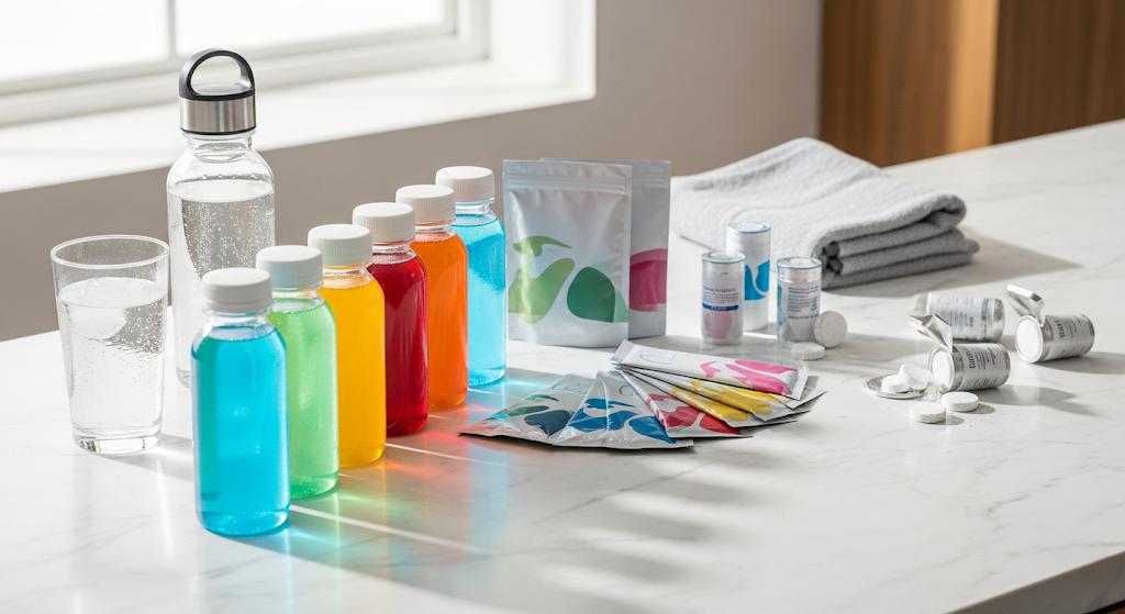 Various electrolyte drink forms and water bottles.