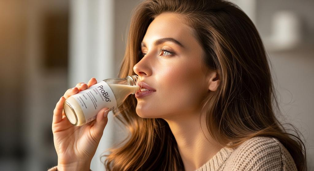 Woman drinking probiotic product for health.