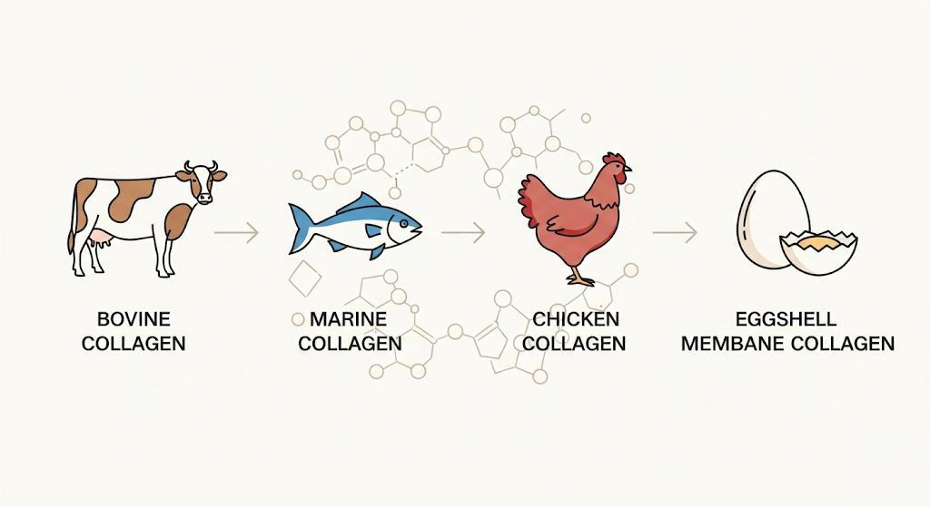 Bovine, marine, chicken, eggshell collagen sources