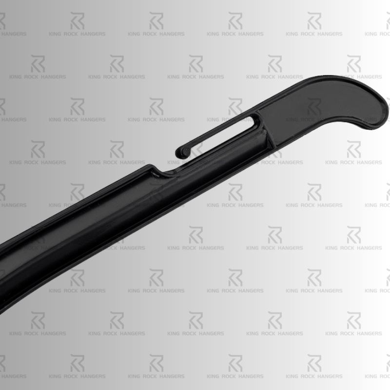 Horizontal black plastic hanger from KING ROCK HANGERS – smooth surface reflects light, slightly curved handle for easy grip. Slim central guide ring adds structure. Light grey background with brand watermark. Shows casual, space-saving placement.