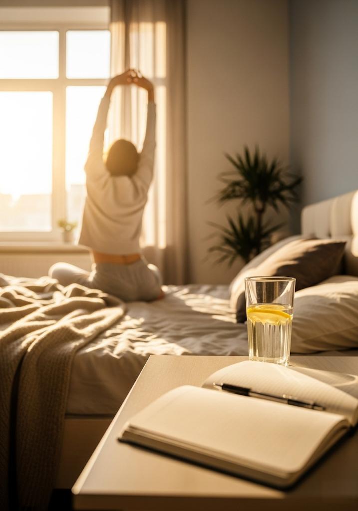 Sunlight, bedside stretch, lemon water & journal.