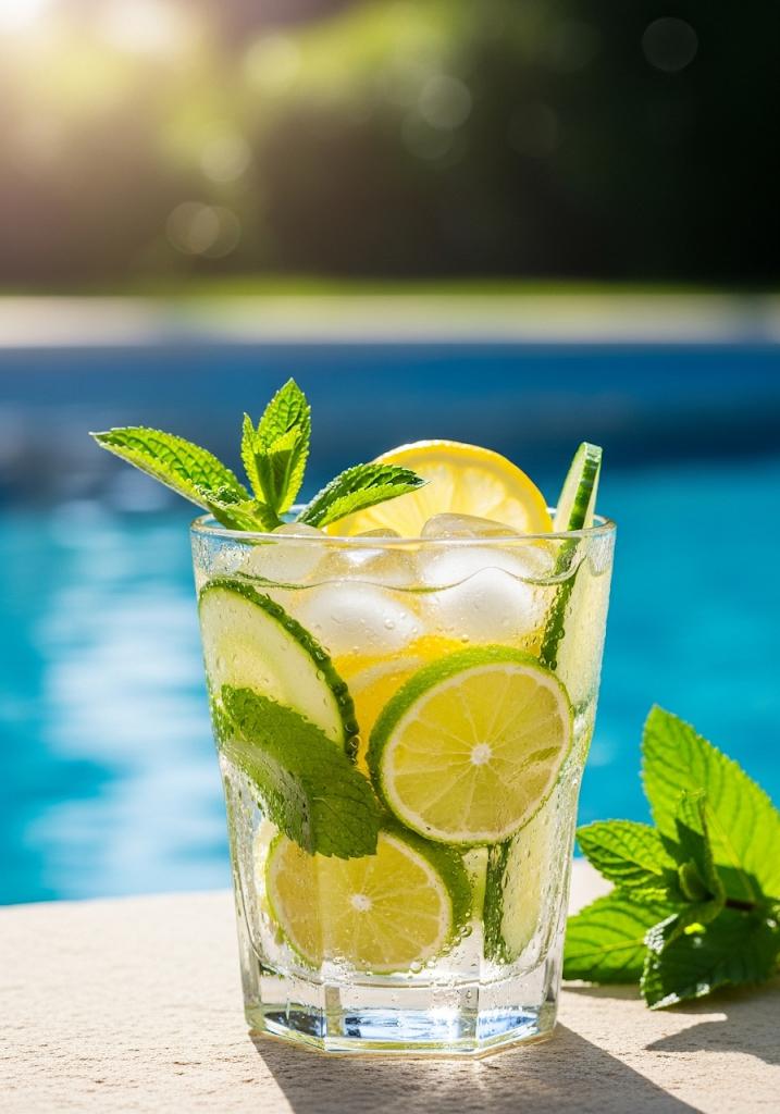 Bebida helada de limón, pepino y menta junto a la piscina.