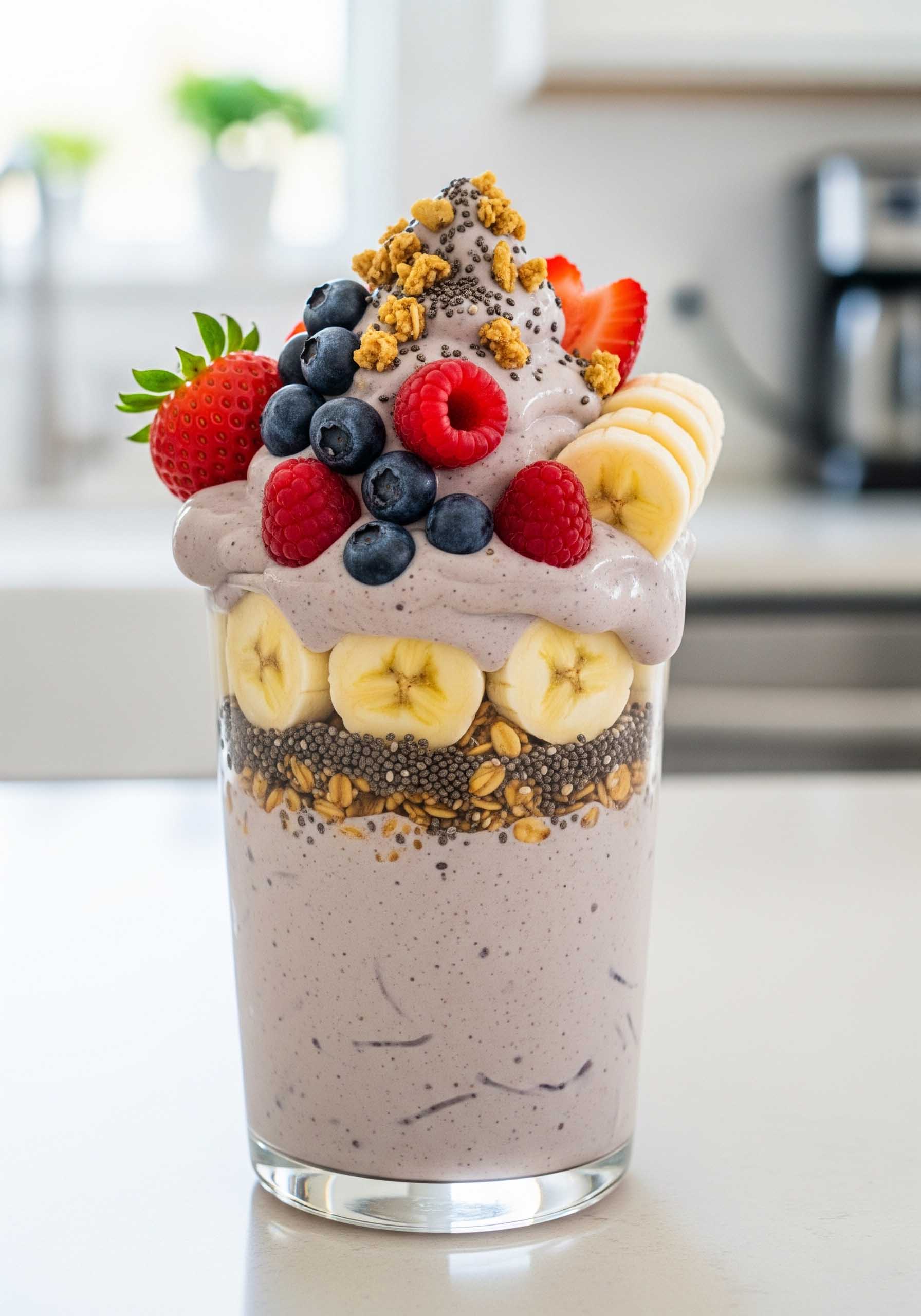 Batido de proteína espeso con bayas y plátano.