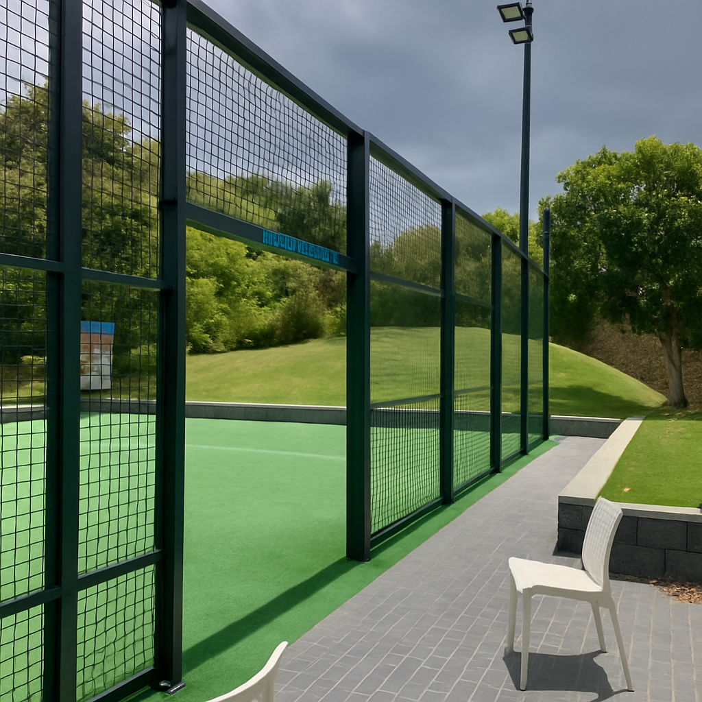 Cerca gigante para cancha de tenis instalada en una instalación para torneos profesionales al aire libre