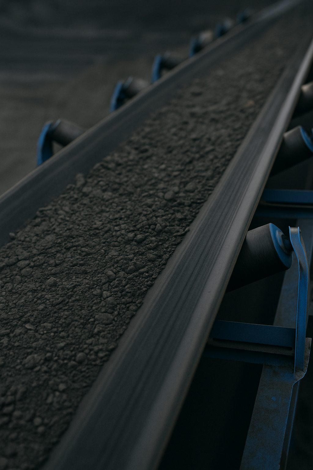 Close-up of rubber conveyor belt in industrial bulk material handling application