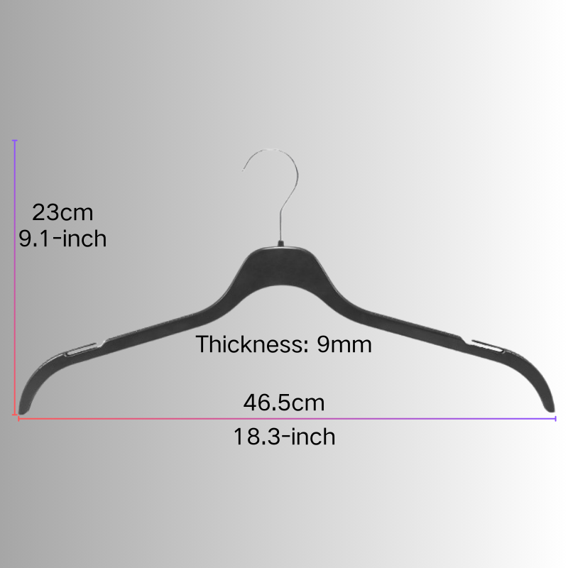 Double-layered overlapping plastic coat hanger, 46.5cm (18.3 inches) length. Made of durable PS plastic, black color, designed for men's coats and heavy garments. Bulk wholesale available.