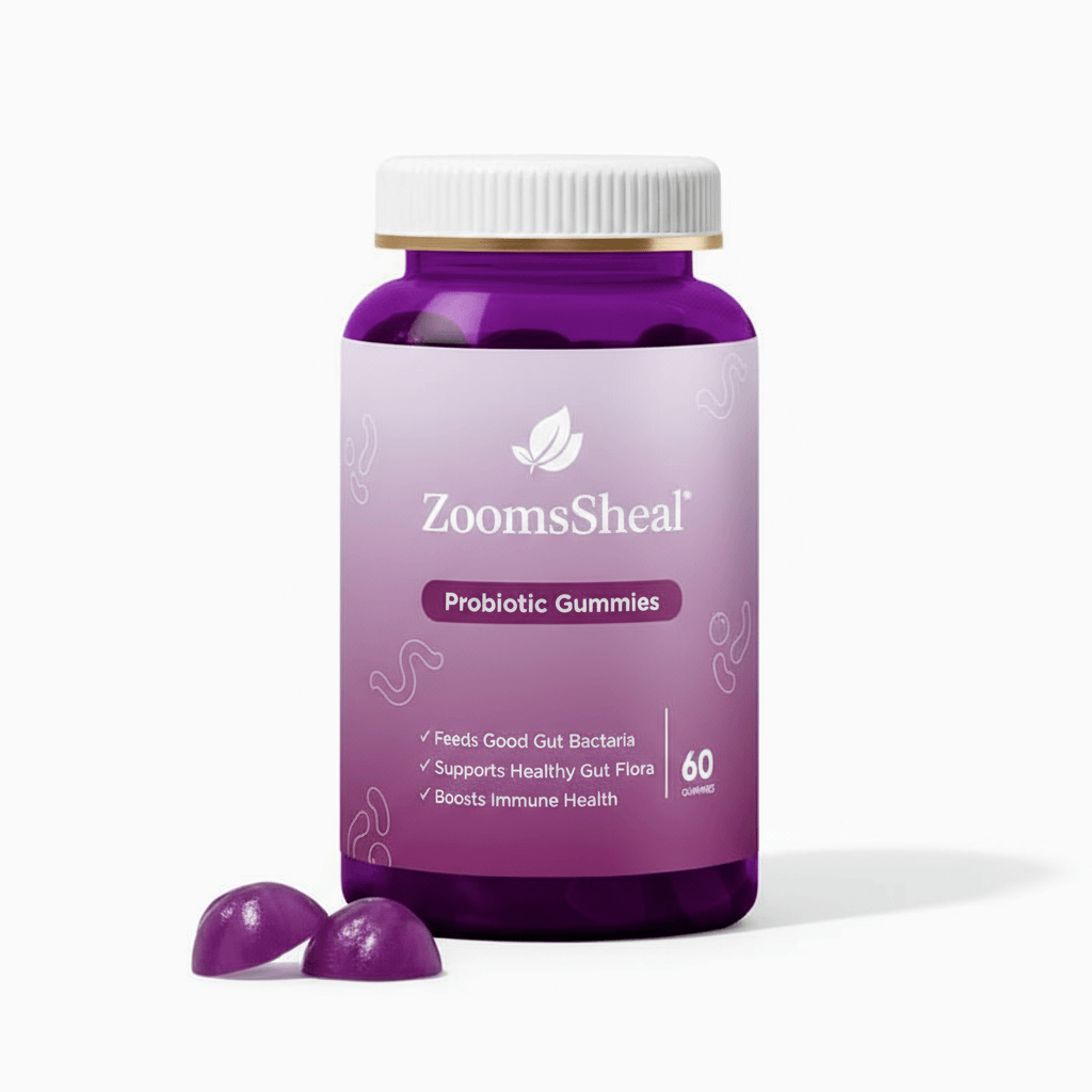 Gummies scattered around a bottle of probiotics