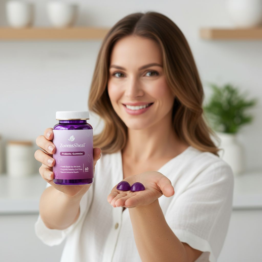 A woman holds a bottle of probiotic gummy candy