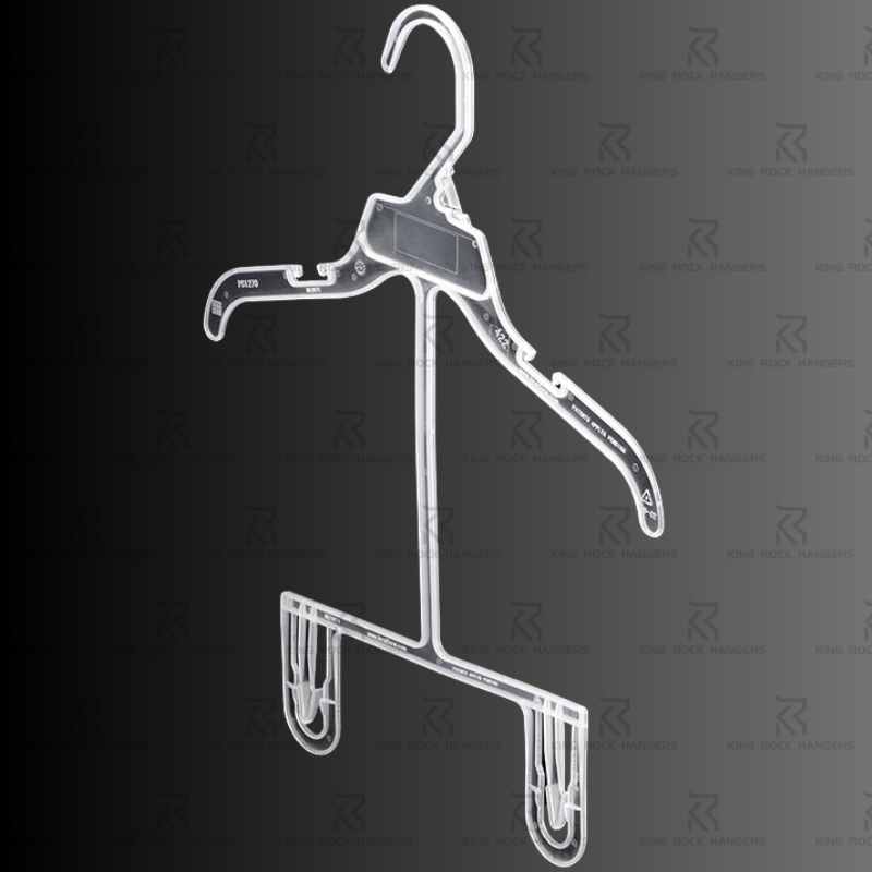 Close-up of the integrated plastic hanger’s top-and-bottom design, separating garments without slipping. Made of eco-friendly PP plastic, this hanger supports 500+ cycles while maintaining shape for kids' clothing brands like Carter’s and Nike Kids.