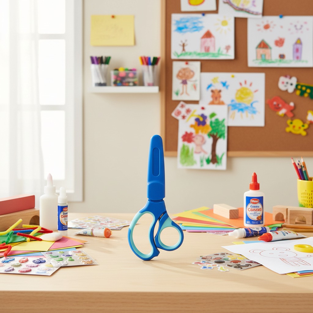 Tesoura infantil para canhotos, tesoura com capa de segurança, fábrica de tesouras OEM, tesoura para crianças canhotas