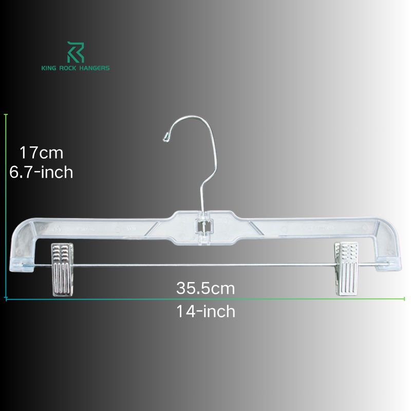 Clear plastic pants hanger front view
