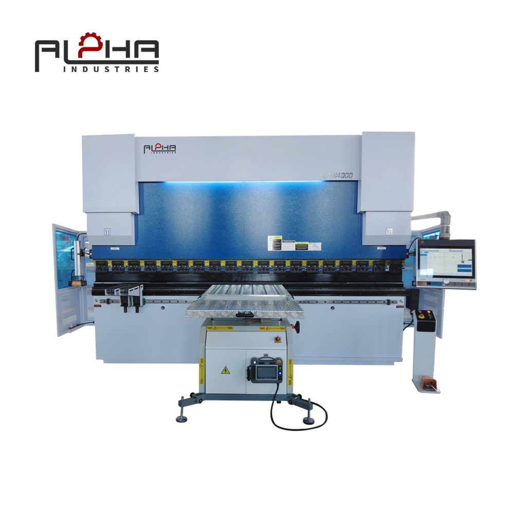 Alpha press brake crowning system automatically compensates machine deflection, ensuring uniform bending accuracy for long sheet metal parts.