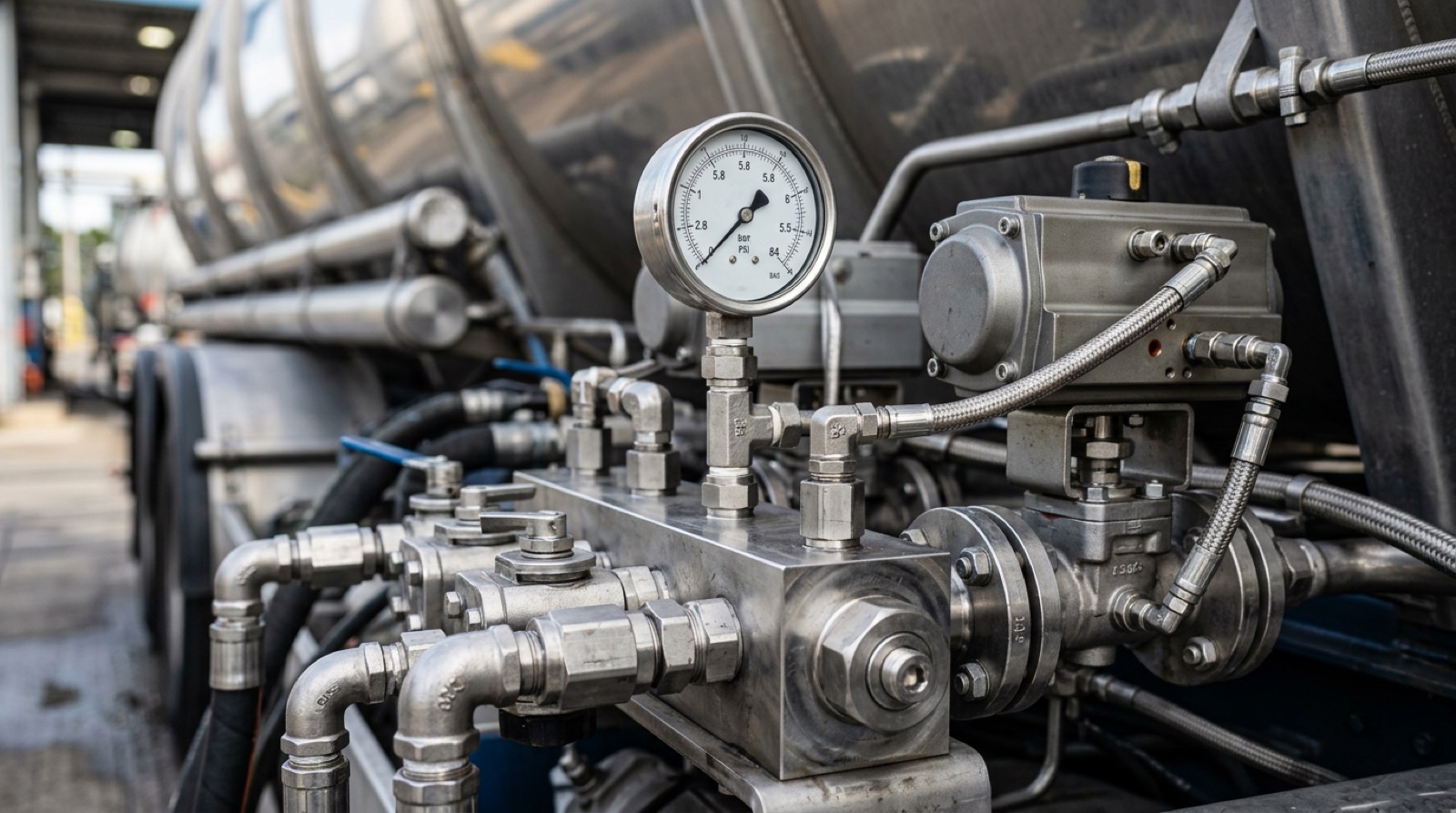 Colector de válvulas industriales en primer plano con actuador neumático y manómetro en sistema de camión cisterna.