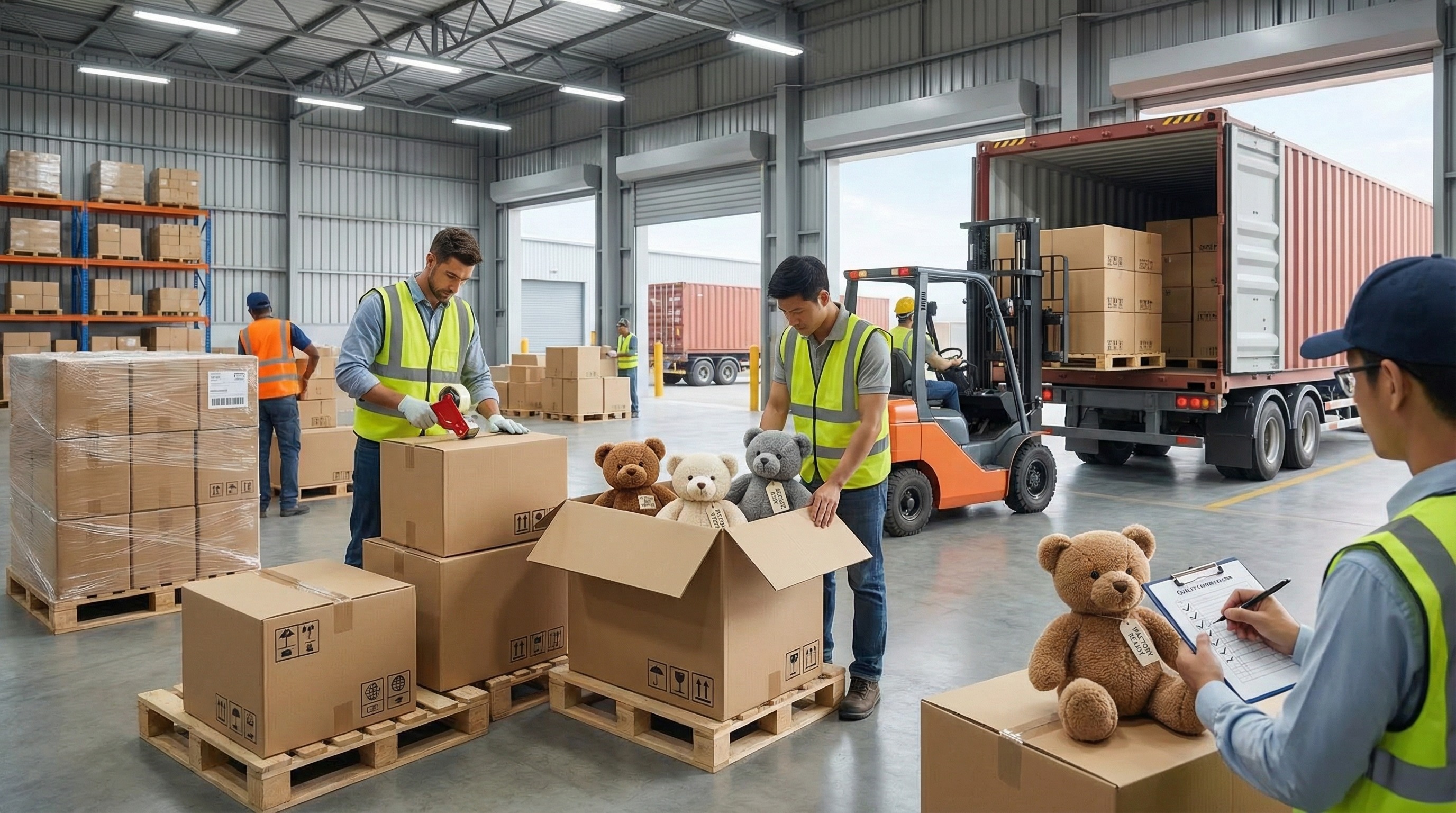 Оптовая упаковка и погрузка плюшевых игрушек-мишек.