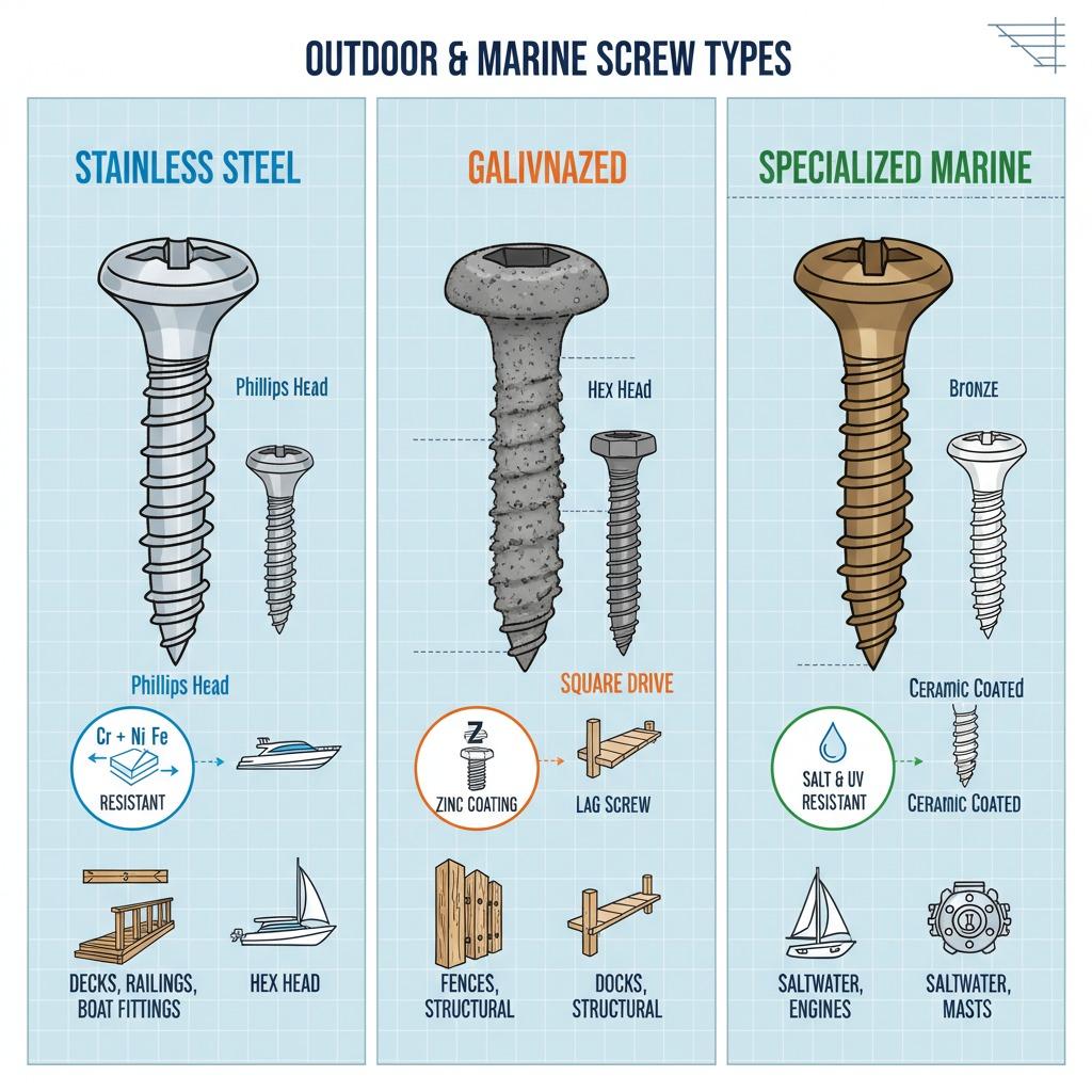 Types of Screws for Outdoor and Marine Environments