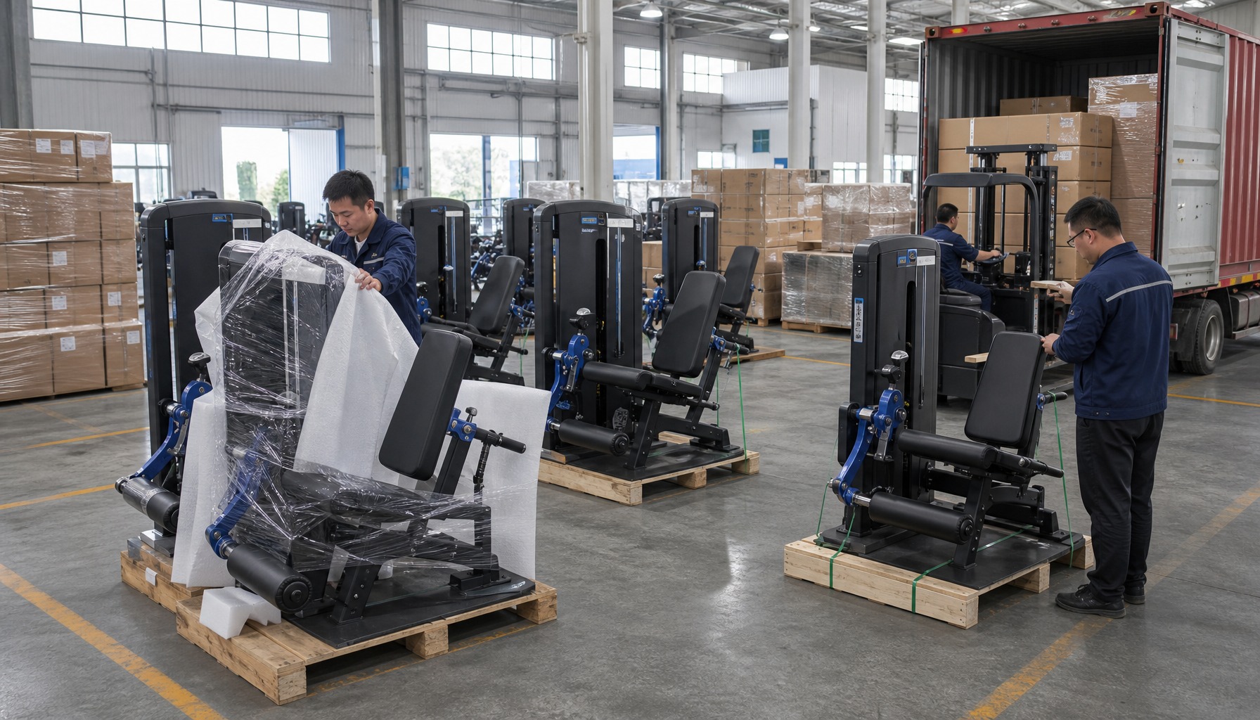 Commercial Gym Extension Machine Factory packaging and loading scene
