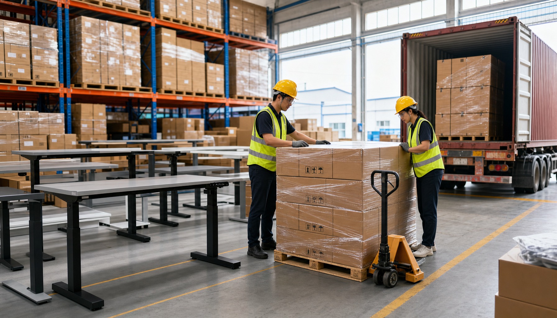 Escena de embalaje y carga de la fábrica del escritorio ajustable de pie