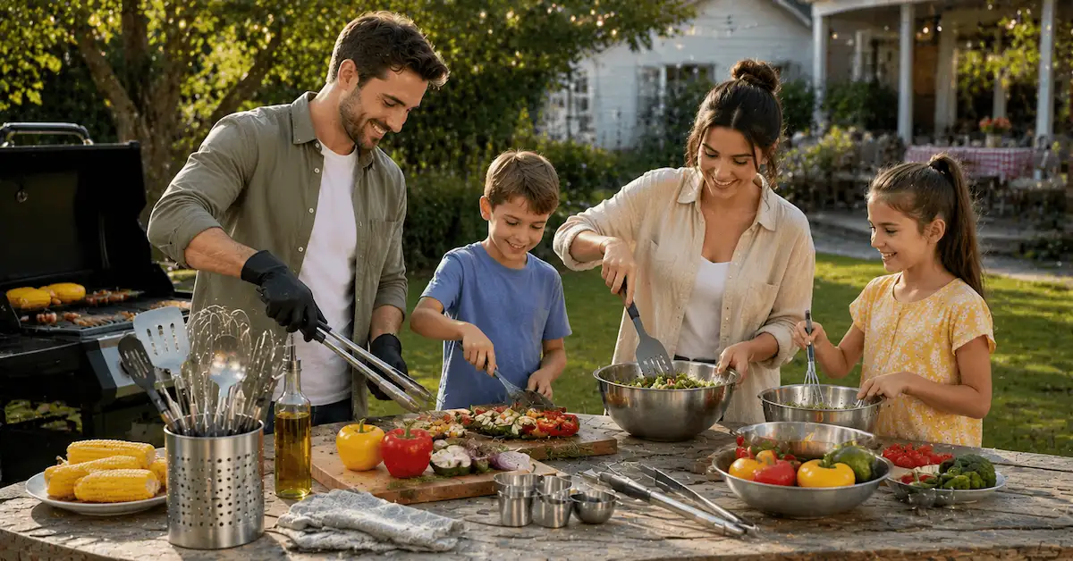 Guía de proveedores de utensilios de cocina para exteriores para juegos de parrilla de jardín.