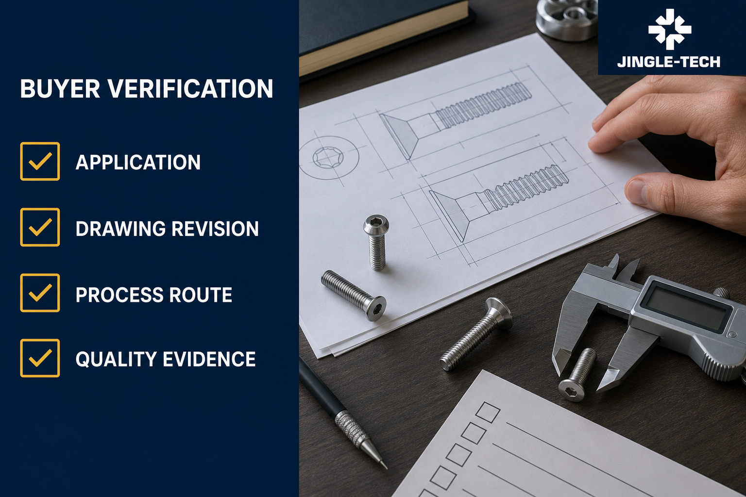 Buyer verification path connecting application, drawing revision, process route and quality evidence for custom screws