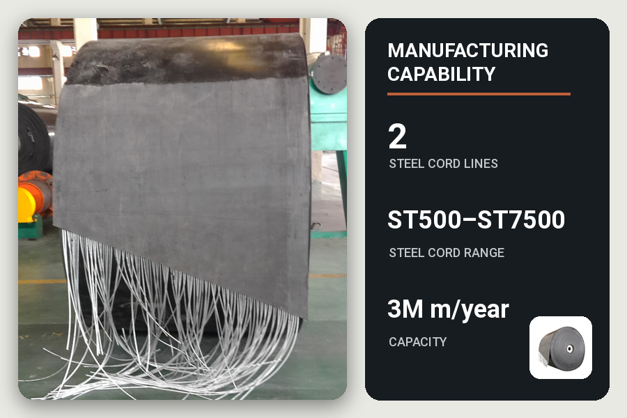 Steel cord conveyor belt manufacturing capability with ST500 to ST7500 production range