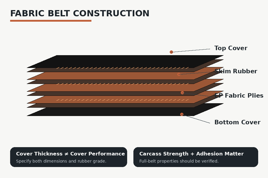 EP fabric conveyor belt structure with rubber covers skim rubber and fabric plies