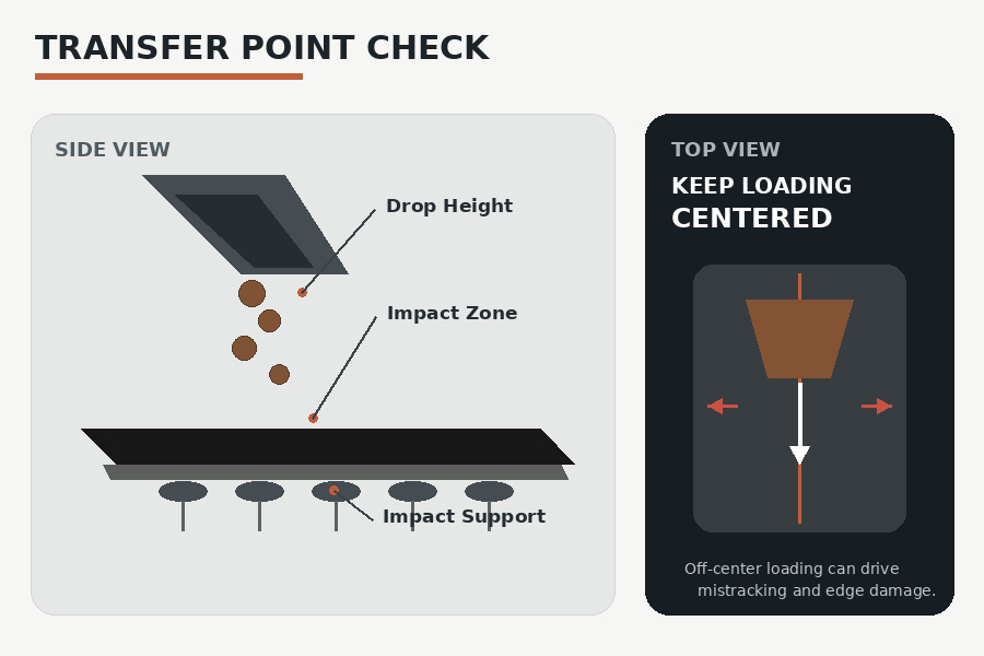 Conveyor belt transfer point geometry showing impact zone support and centered loading