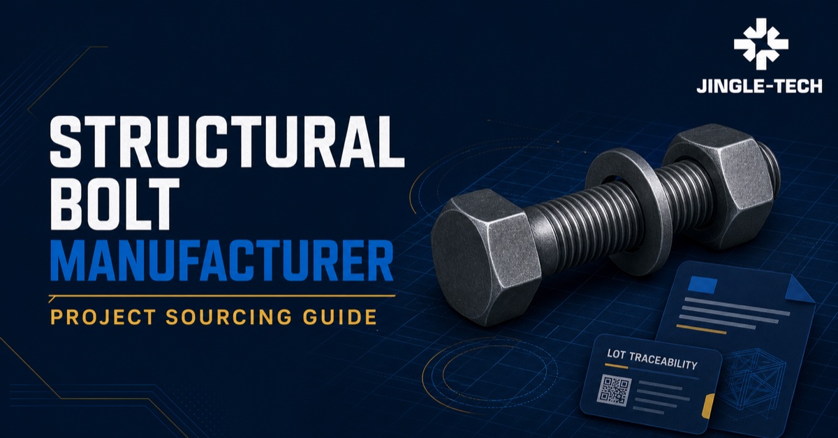 Conceptual structural bolt manufacturer sourcing guide with a bolt, nut, washer and traceability documents