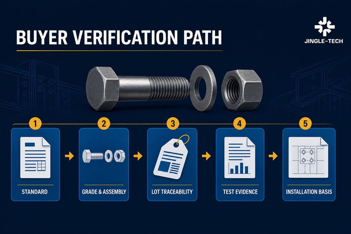 Buyer verification path for structural bolts from standard and assembly review to lot traceability and test evidence