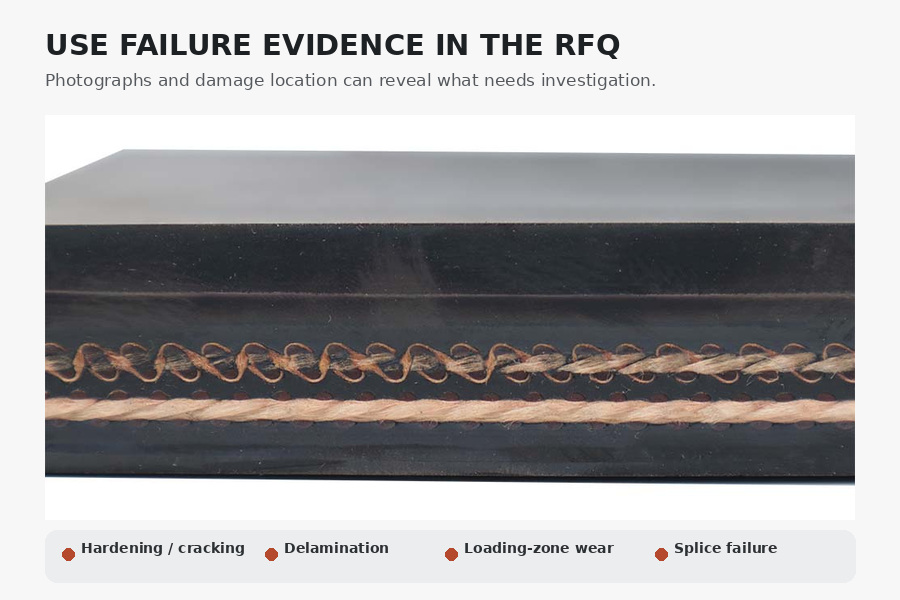 Conveyor belt cross-section and failure evidence for cracking, delamination, loading-zone wear and splice failure investigation.