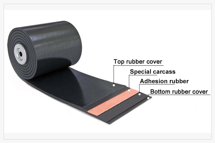 Heat resistant conveyor belt construction with top rubber cover, special carcass, adhesion rubber and bottom rubber cover.