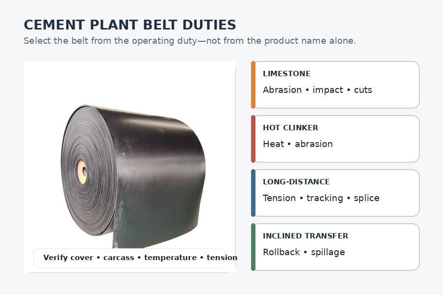 Rubber conveyor belt with key cement plant duty checks for limestone, clinker, long-distance and inclined conveying.