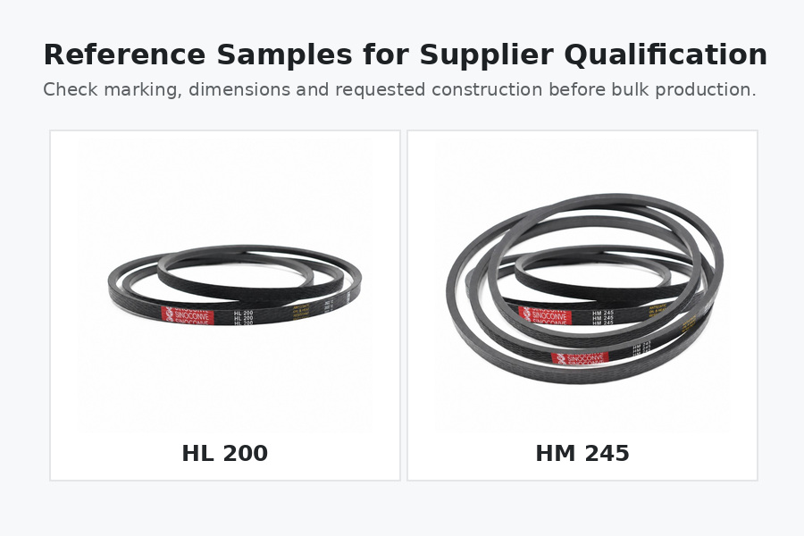 SINOCONVE HL 200 and HM 245 agricultural V-belt samples for supplier qualification.