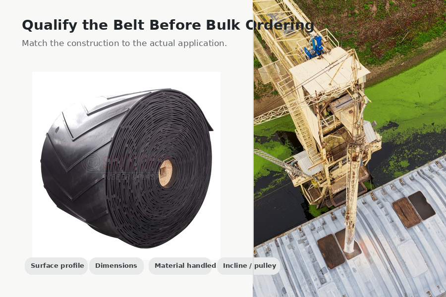 Chevron agricultural conveyor belt qualification for surface profile dimensions material and incline