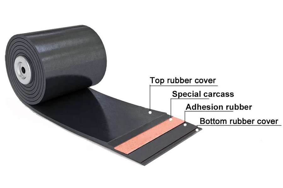 Rubber conveyor belt construction with top cover carcass adhesion rubber and bottom cover