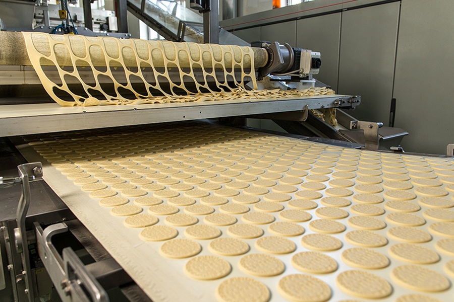Bakery products moving on an industrial food-processing conveyor line for dry transfer applications.