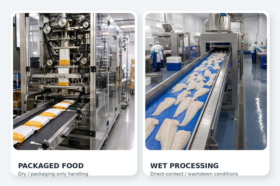 Food conveyor belt application comparison for packaged food and wet processing lines