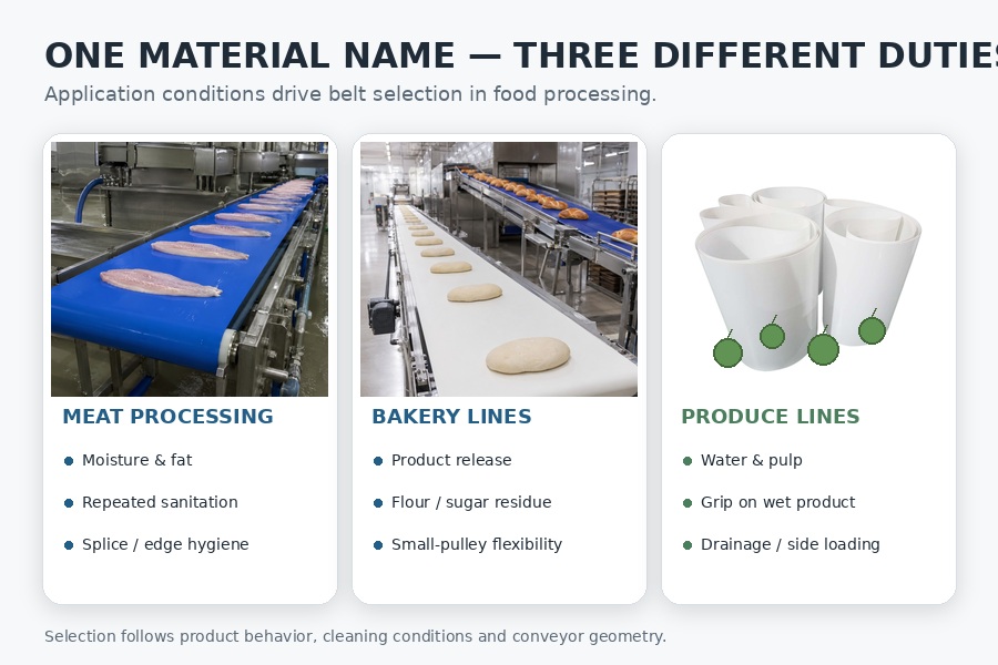 PU conveyor belt application differences for meat bakery and produce processing lines