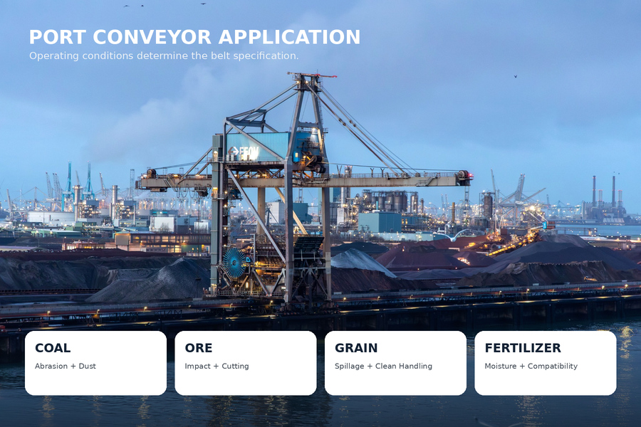 Port conveyor belt applications for coal ore grain and fertilizer terminals